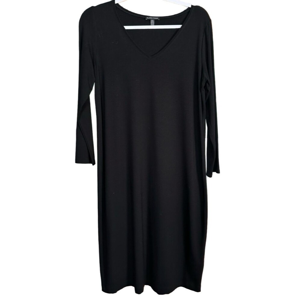 Eileen Fisher Black knit Jersey v-neck long sleeve Dress Size Medium